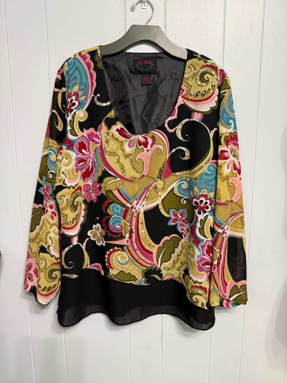 #10)  Ashro Black Paisley Floral V-Neck Tunic with Pink, Gold and Teal Accents